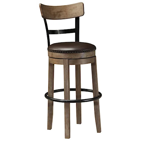 Tall Upholstered Swivel Barstool with Wood & Metal Backrest